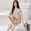 Pijama de Modal para Mujer, Estilo Verano, Manga Corta, Pantalón Tres Cuartos, Tallas Grandes, Corte Holgado, Estilo Delgado, Ropa de Casa para Madres de Mediana Edad