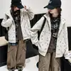 Chaqueta con capucha gris con estampado de dibujos animados para niña, cárdigan holgado con cremallera para otoño, top casual versátil para niñas