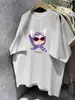 Camiseta de Manga Corta 100% Algodón Puro para Verano, Elegante y Personalizada, con Lindo Estampado de Gato de Dibujos Animados, Top Chic Adelgazante para Usar por Encima