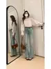 Jeans de Estilo Americano Teñidos de Barro Amarillo para Mujer, Temporada de Primavera, Tallas Grandes, Cintura Alta, Adelgazantes, de Nicho, Elásticos, Ligeramente Acampanados, Pantalones Bootcut