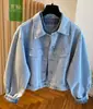 Chaqueta de mezclilla de color claro estilo europeo para mujer, nuevo modelo primavera/otoño 2026, corte holgado, súper elegante, forro de cuadros, longitud corta, top con cuello de solapa