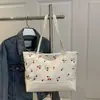 Bolsa Tote de Classe Estudantil Estampada Estilo Novo Primavera 2025 com Alça de Ombro Única, Tecido de Veludo Cotelê, Grande Capacidade, Bolsa Feminina Casual para o Dia a Dia