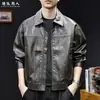 Chaqueta de cuero vintage para motocicleta con relieve de piel de vaca simulada de alambre metálico, chaqueta de cuero de talla grande para hombre de otoño