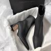 Botas altas de piel suave francesa para mujer, otoño e invierno 2024, con punta cuadrada y tacón grueso, elásticas y finas, elegantes botines combinables.
