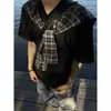 Camiseta com Xale de Xadrez Estilo Coreano Design de Nicho Bloqueio de Cores Falsa Peça Dupla para Homens, Marca Tendência, Manga Curta Casual Solta Cleanfit