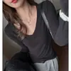 Camiseta básica de punto de imitación cachemir con cuello en V para mujer, prenda interior de otoño e invierno, corte ajustado, tejido cepillado, tacto de alta gama, top versátil de manga larga