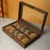 En stock caja de reloj de diez cuadrados con patrón de madera para hombre con tapa multi-mesa caja de almacenamiento de relojes caja de exhibición
