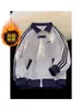Sudadera Cardigan Patchwork Rayada para Hombre, Chaqueta Deportiva Trendy Estilo Americano Cleanfit para Primavera y Otoño, Chaqueta con Cuello Alto para Parejas