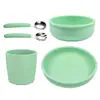 Venta al por mayor Juego de Vajilla Infantil Casual Escandinava de Silicona Plato de Cena de Silicona Bol para Comida Tenedor Cuchara Infantil Plato de Cena Juego de 5 Piezas