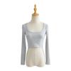 YPFF - Camiseta de manga larga con cuello redondo grande para mujer, de color liso, con hilo elástico y cintura alta, corta, con ombligo expuesto