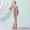 19055 # Posicionamento Flor Frisado Vestido de Noite Mulheres Novo Banquete Elegante Manga Comprida Lantejoulas Aura Rainha Fishtail Vestido