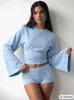 Moda Femenina Europea y Americana 2025 Amazon Nuevo Color Sólido Cuello Redondo Hombro Normal Manga Ancha Cintura Ajustada Top Sexy de Manga Larga