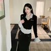 2025 Comércio Exterior Nova Garota Popular Tops de Cores Contrastantes Falsos de Duas Peças para Mulheres no Outono Aparência Emagrecedora Estilo Preppy Modelos Femininos