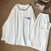 Pijama Estilo Coreano para Mulheres, Cardigan de Renda Casual com Gola Redonda, Mangas Longas e Calça, Conjunto Estilo Girly, Conjunto de Algodão para Casa