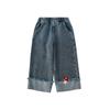 Jeans con Bordado de Hongos de Puntos de Ola para Niña Wuri Boo Otoño Estilo Vaquero Infantil Lindo Color de Contraste Pantalones Rectos Plegables