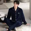 Pijama de Franela para Hombre Invierno Manga Larga Pantalones Cárdigan Solapa Cálido Cuadros Se Puede Usar Afuera Antiestático Ropa de Casa