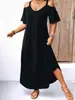 Nuevo vestido largo de color liso con cuello en V y hombros descubiertos para mujer, transfronterizo de Amazon Europa y América 2025
