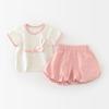 Traje de Dos Piezas para Niños Estilo Coreano de Verano con Letras y Dibujos de Conejo, Suéter de Cuello Redondo de Manga Corta 52038