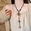 Collar de cuerda tejida estilo Zen estilo chino para mujer, estilo étnico bohemio largo de madera retro hoja cadena para sudadera suéter