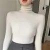 Novo top de malha feminino para outono e inverno Andy de veludo com manga longa, corte justo e gola alta, camada base modeladora com toque de alta qualidade