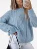 Novo suéter de malha trançada solto da Amazon para outono e inverno, estilo europeu e americano, gola redonda, cor sólida, manga longa, suéter casual para mulheres