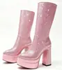 Botas Europeias e Americanas para Comércio Exterior Bico Fino Camada Dupla Impermeáveis Plataforma Salto Grosso Meio da Panturrilha Botas de Performance Show Moda Mangas Botas para Panturrilha Femininas