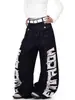 Jeans de Pierna Ancha con Estampado de Letras Hip-Hop Vintage y Tejido Abierto para Mujer Diseño de Invierno Pantalones Rectos Jazz Scimitar