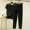 Nuevo modelo de verano, conjunto de dos piezas de modal con cuello en V y manga corta, cintura alta, pantalones para casa, estilo coreano, holgado, simple, ropa de estar