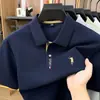 Camiseta Masculina de Manga Curta 100% Algodão Puro, Casual de Negócios, Fina, Respirável, Moderna, Bordada, Camiseta Masculina de Manga Curta com Gola