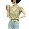 Camisa de Manga Corta Estilo Francés para Mujer, Nuevo Modelo Verano 2026, Mangas Ligeramente Volantes, Empalme de Encaje, Top Elegante y Adelgazante, Moderno