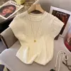 Top de punto calado ligero de manga corta para mujer 2026 Verano Estilo coreano con chal de encaje y cuello redondo