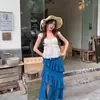 Camisa de Patchwork de Encaje Blanco Bordado Suave de Manga Corta para Mujer, Traje de Estilo Veraniego para Vacaciones, Falda de Cintura Alta con Abertura