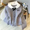 Suéter largo de punto casual juvenil estilo universitario coreano para mujer con etiqueta en el cuello, blanco, talla única