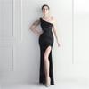 19906# Posicionamiento Flor Hombro Descubierto Cuello Dividido Celebración Cena Anfitrión Sexy Lentejuelas Vestido Largo de Noche Vestido