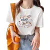 Camiseta de Verano Fina de Algodón para Mujer con Mangas Cortas y Estampado de Dibujos Animados, Corte Holgado, Tallas Grandes, Blanca, Estilo Vintage, Adelgazante, Top de Moda