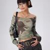 Playera de Malla de Principios de Otoño para Mujer, Nuevo Estilo de Verano, Estilo Chica Picante Deseo Puro, Top Corto de Manga Larga Fino con Hombros Descubiertos Tie-Dye para Mujer