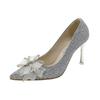 Zapatos de tacón alto Franceses Xiuhe vestido de novia principal novia uso bidireccional Otoño nuevo lazo de cristal con lentejuelas punta zapatos de una sola capa para mujer