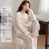 Pijama feminino, algodão puro, manga longa, calça comprida, gola redonda, sem botões, estilo primavera e outono, doce e fofo, pode ser usado fora de casa, conjunto de loungewear feminino