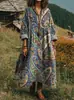 Vestido Casual Soltinho Vintage Novo de Site Independente da Amazon Estilo Étnico Boêmio Gola V Europeu e Americano