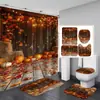 Cortina de Ducha Impermeable con Tema de Halloween Juego de Cuatro Piezas Decoración de Calabaza Cortina Divisoria de Baño Juego sin Taladro