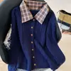 Cardigã de Tricô com Ponto Trançado, Gola Lapela, Patchwork Listrado Estilo Coreano para Mulheres, Novo Design Outono e Inverno, Suéter Único e Doce