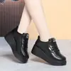 Parte superior de piel, versátiles, suela gruesa, con cordones, zapatos tipo 'mom', colección otoño/invierno, zapatos casuales para mujer, tenis blancos, tacón de cuña, zapatos de piel para mujer