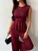 Conjunto casual de moda europea y americana para mujer de Amazon transfronterizo: conjunto de top sin mangas y pantalones largos, nuevo conjunto de color liso estilo old money