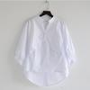 2024 Nova Camisa Estilo Coreano Solta Manga Lanterna Feminina Fenda nas Costas Irregular Cor Sólida Decote V Top Camisa Feminina