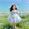 Vestido de princesa floral colorido de comercio exterior al por mayor para niñas pequeñas, vestido de cumpleaños sin hombros, atuendo para actuación de baile, en stock