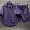 Conjunto de Shorts de Manga Curta com Capuz Leve, Respirável e Protetor Solar de Verão Beijianglang para Homens, Tendência Simples Cor Sólida Solto Casual