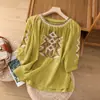 277 # Camisa de algodón y lino con bordado pesado de manga tres cuartos para mujer, verano, corte holgado, adelgazante, jersey de cuello redondo, top de lino elegante