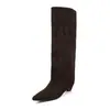 Botas longas de camurça de cano alto para mulheres, botas de salto bloco, novas botas de estilo coreano para outono e inverno, bico fino, salto médio, sem cadarço, over-the-knee, botas de perna reta para mulheres
