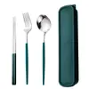 Aço Inoxidável Estilo Coreano Portátil Talheres Estudante Colher, Garfo e Hashi Conjunto de Três Peças Caixa de Armazenamento para Exterior Conjunto de Presente Atacado