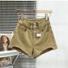 Shorts de mezclilla de tres puntos elásticos que cubren la cadera para mujer de cintura alta 2023 nuevo estilo asimétricos para chica gorda línea A cintura pantalones cortos sexys